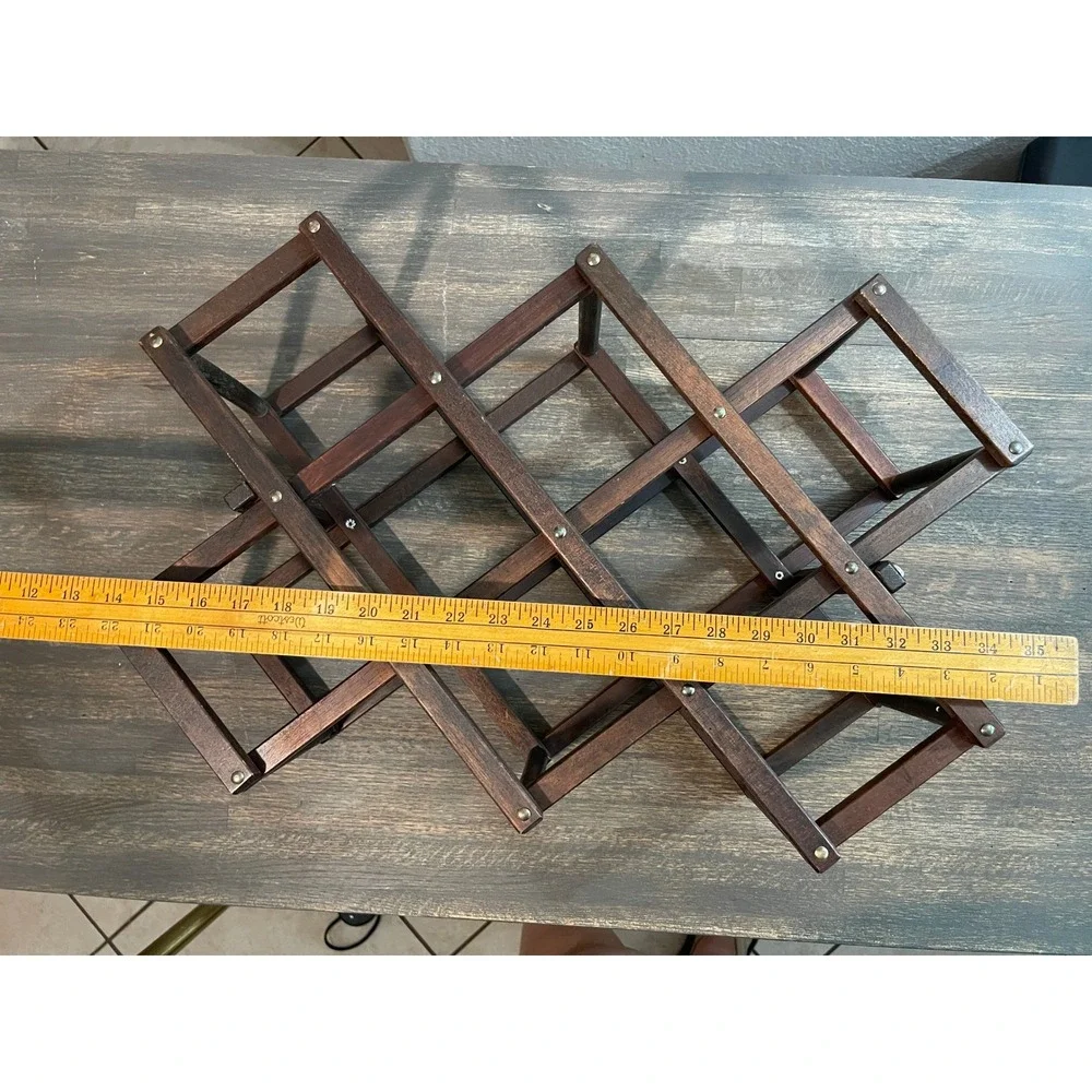 Vintage Wood Accordion Wine Rack 10 Bottle Collapsible Folding Countertop Brown